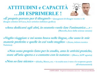 ATTITUDINI e CAPACITÀ
…DI ESPRIMERLE !
«È proprio portato per il disegno!» - (insegnanti di disegno tecnico e di
disegno artistico di Luca, liceo artistico indirizzo grafico)
«Ama dedicarsi agli altri, in oratorio vuole fare l’animatrice…» -
(Marcella, liceo delle scienze umane)
«Voglio viaggiare e mi sento brava nelle lingue, che sono le mie
materie preferite e quelle in cui vado meglio» - (Irene, istituto tecnico
Turistico)
«Non sono proprio fatto per lo studio, amo le attività pratiche,
stare all’aria aperta e a contatto con la natura» - (Marco, IeFP agraria)
«Non so fare niente» - (Giulia, Marco, etc. – in realtà non è vero e lo scoprono grazie
all’orientamento!)
COSPES ARESE – Progetto di orientamento classi terze – Dott.ssa Laura Boniardi
 