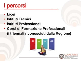 • Licei
• Istituti Tecnici
• Istituti Professionali
• Corsi di Formazione Professionali
(i triennali riconosciuti dalla Regione)
 