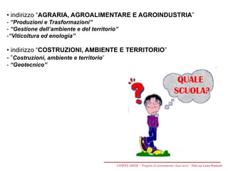 • indirizzo “AGRARIA, AGROALIMENTARE E AGROINDUSTRIA”
- “Produzioni e Trasformazioni”
- “Gestione dell’ambiente e del territorio”
-“Viticoltura ed enologia”
• indirizzo “COSTRUZIONI, AMBIENTE E TERRITORIO”
- “Costruzioni, ambiente e territorio”
- “Geotecnico”
COSPES ARESE – Progetto di orientamento classi terze – Dott.ssa Laura Boniardi
 