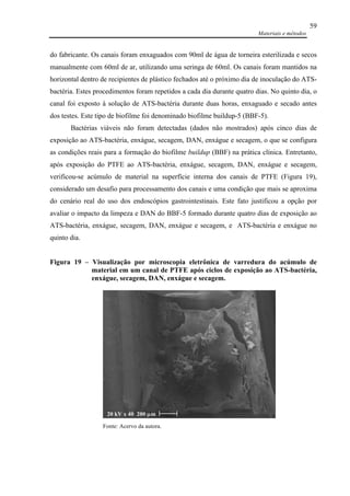 Materiais e métodos
59
do fabricante. Os canais foram enxaguados com 90ml de água de torneira esterilizada e secos
manualmente com 60ml de ar, utilizando uma seringa de 60ml. Os canais foram mantidos na
horizontal dentro de recipientes de plástico fechados até o próximo dia de inoculação do ATS-
bactéria. Estes procedimentos foram repetidos a cada dia durante quatro dias. No quinto dia, o
canal foi exposto à solução de ATS-bactéria durante duas horas, enxaguado e secado antes
dos testes. Este tipo de biofilme foi denominado biofilme buildup-5 (BBF-5).
Bactérias viáveis não foram detectadas (dados não mostrados) após cinco dias de
exposição ao ATS-bactéria, enxágue, secagem, DAN, enxágue e secagem, o que se configura
as condições reais para a formação do biofilme buildup (BBF) na prática clínica. Entretanto,
após exposição do PTFE ao ATS-bactéria, enxágue, secagem, DAN, enxágue e secagem,
verificou-se acúmulo de material na superfície interna dos canais de PTFE (Figura 19),
considerado um desafio para processamento dos canais e uma condição que mais se aproxima
do cenário real do uso dos endoscópios gastrointestinais. Este fato justificou a opção por
avaliar o impacto da limpeza e DAN do BBF-5 formado durante quatro dias de exposição ao
ATS-bactéria, enxágue, secagem, DAN, enxágue e secagem, e ATS-bactéria e enxágue no
quinto dia.
Figura 19 – Visualização por microscopia eletrônica de varredura do acúmulo de
material em um canal de PTFE após ciclos de exposição ao ATS-bactéria,
enxágue, secagem, DAN, enxágue e secagem.
Fonte: Acervo da autora.
20 kV x 40 200 µm
 