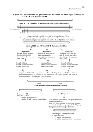 Materiais e métodos
62
Figura 20 - Procedimentos do processamento dos canais de PTFE após formação de
TBF-5 e BBF-5, limpeza e DAN.
Canal de PTFE com TBF-5 (9 canais) ou BBF-5 (9 canais) - Comprimento:
180cm
5 cm - descartado 5 cm - descartado
Canal de PTFE com TBF-5 ou BBF-5 - Comprimento: 170cm
Remoção de dois segmentos de 5cm para análise do controle positivo (um segmento para
análise microbiológica e um segmento para análise de ATP, proteína e carboidrato)
5 cm
Canal de PTFE com TBF-5 ou BBF-5 - Comprimento: 150cm
Três canais:
Imersão de cada canal em
detergente enzimático,
exposição por 2 minutos, a
33o
C ± 3o
C.
Três canais:
Imersão de cada canal em
detergente alcalino,
exposição por 10 minutos,
a 33o
C ± 3o
C.
Três canais:
Imersão de cada canal em
água de torneira não estéril,
exposição por 10 minutos, a
33o
C ± 3o
C.
1 canal: pull thru
1 canal: escova com cerdas
1 canal: sem fricção
1 canal: pull thru
1 canal: escova com cerdas
1 canal: sem fricção
1 canal: pull thru
1 canal: escova com cerdas
1 canal: sem fricção
Canal após os procedimentos de limpeza: 150cm
Limpeza na Endo 250 pump com um ciclo de flushing de cada solução de limpeza
(detergente enzimático ou alcalino ou água de torneira não estéril), enxágue com água de
torneira não estéril e secagem pela Endo 250 pump.
75 cm 75 cm
Canal limpo: 75cm
10 réplicas de 5cm:
- 5: análise microbiológica;
- 5: análise de ATP, proteína e carboidrato.
Canal limpo: 75cm
DAN manual - glutaraldeído 2,6% por 20 minutos à
temperatura ambiente;
Endo 250 pump: um ciclo de flushing de água de
torneira não estéril e secagem pela Endo 250 pump;
Secagem manual a vácuo por 2 minutos
Canal limpo e desinfetado: 75cm
10 réplicas de 5cm:
- 5: análise microbiológica;
- 5: análise de ATP, proteína e carboidrato.
 