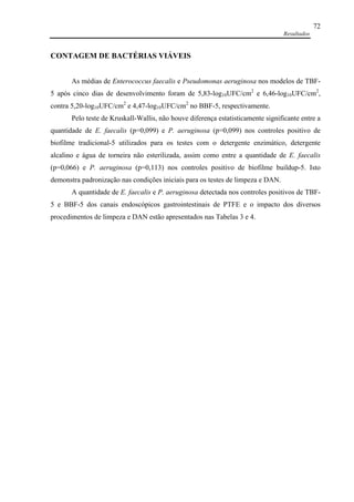 Resultados
72
CONTAGEM DE BACTÉRIAS VIÁVEIS
As médias de Enterococcus faecalis e Pseudomonas aeruginosa nos modelos de TBF-
5 após cinco dias de desenvolvimento foram de 5,83-log10UFC/cm2
e 6,46-log10UFC/cm2
,
contra 5,20-log10UFC/cm2
e 4,47-log10UFC/cm2
no BBF-5, respectivamente.
Pelo teste de Kruskall-Wallis, não houve diferença estatisticamente significante entre a
quantidade de E. faecalis (p=0,099) e P. aeruginosa (p=0,099) nos controles positivo de
biofilme tradicional-5 utilizados para os testes com o detergente enzimático, detergente
alcalino e água de torneira não esterilizada, assim como entre a quantidade de E. faecalis
(p=0,066) e P. aeruginosa (p=0,113) nos controles positivo de biofilme buildup-5. Isto
demonstra padronização nas condições iniciais para os testes de limpeza e DAN.
A quantidade de E. faecalis e P. aeruginosa detectada nos controles positivos de TBF-
5 e BBF-5 dos canais endoscópicos gastrointestinais de PTFE e o impacto dos diversos
procedimentos de limpeza e DAN estão apresentados nas Tabelas 3 e 4.
 