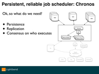 Persistent, reliable job scheduler: Chronos
Optimised for:
• ”Like CRON, but distributed”
• Visibility, including manageme...