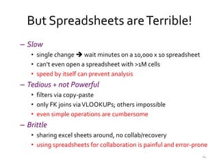 But Spreadsheets areTerrible!
– Slow
• single change  wait minutes on a 10,000 x 10 spreadsheet
• can’t even open a sprea...
