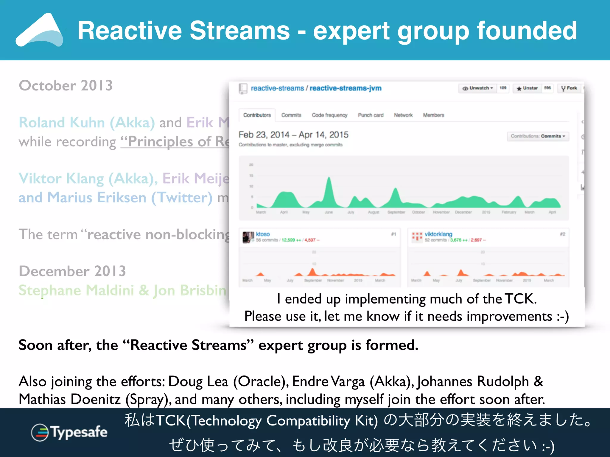 October 2013
Roland Kuhn (Akka) and Erik Meijer (Rx .NET) meet in Lausanne,
while recording “Principles of Reactive Programming” Coursera Course.
Viktor Klang (Akka), Erik Meijer, Ben Christensen (RxJava)
and Marius Eriksen (Twitter) meet at Twitter HQ.
The term “reactive non-blocking asynchronous back-pressure” gets coined.
December 2013
Stephane Maldini & Jon Brisbin (Pivotal Reactor) contacted by Viktor.
Soon after, the “Reactive Streams” expert group is formed.
Also joining the efforts: Doug Lea (Oracle), EndreVarga (Akka), Johannes Rudolph &  
Mathias Doenitz (Spray), and many others, including myself join the effort soon after.
Reactive Streams - expert group founded
I ended up implementing much of the TCK.
Please use it, let me know if it needs improvements :-)
私はTCK(Technology Compatibility Kit) の大部分の実装を終えました。
ぜひ使ってみて、もし改良が必要なら教えてください :-)
 
