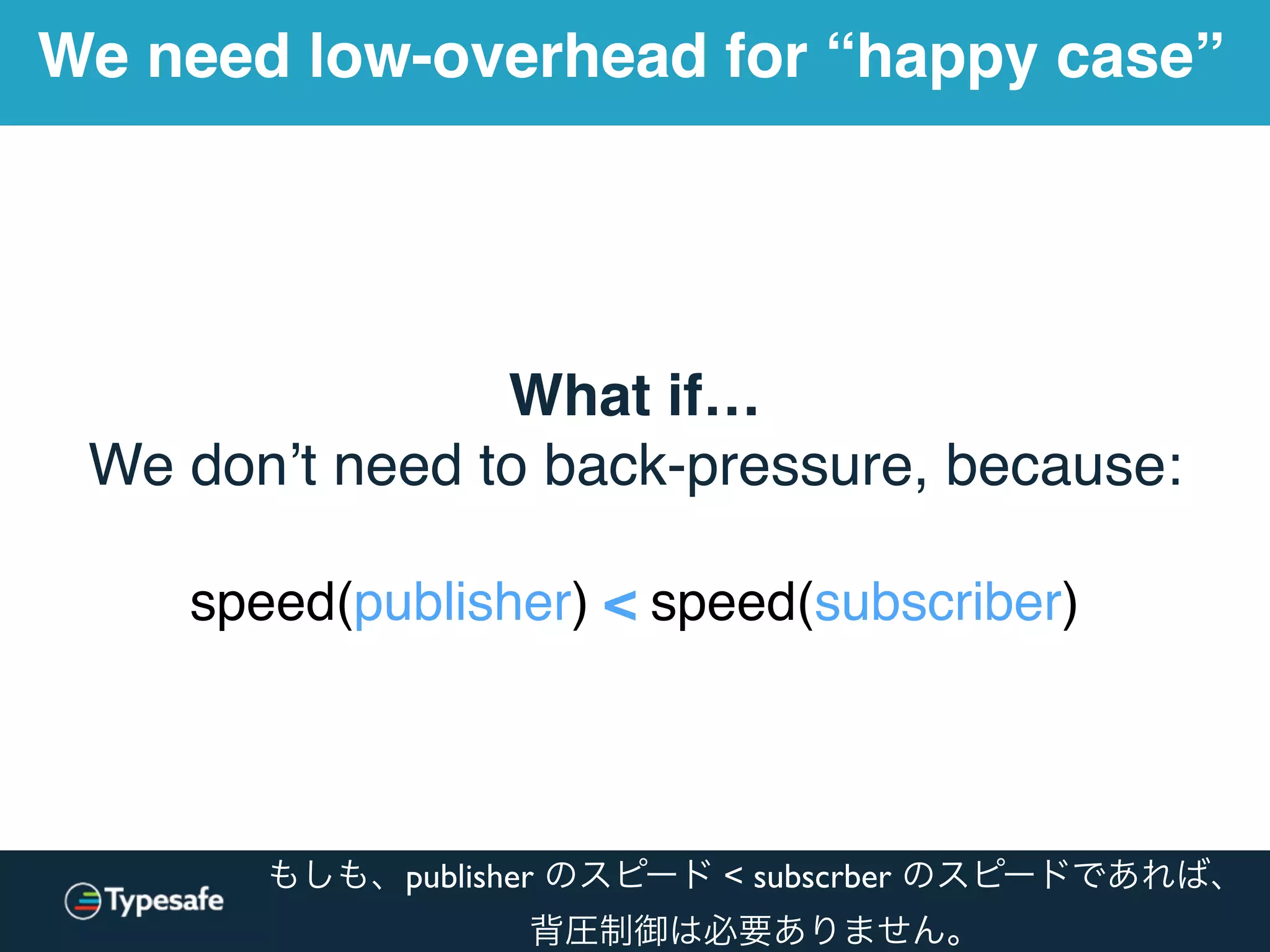 What if…
We don’t need to back-pressure, because:
speed(publisher) < speed(subscriber)
We need low-overhead for “happy case”
もしも、publisher のスピード < subscrber のスピードであれば、
背圧制御は必要ありません。
 