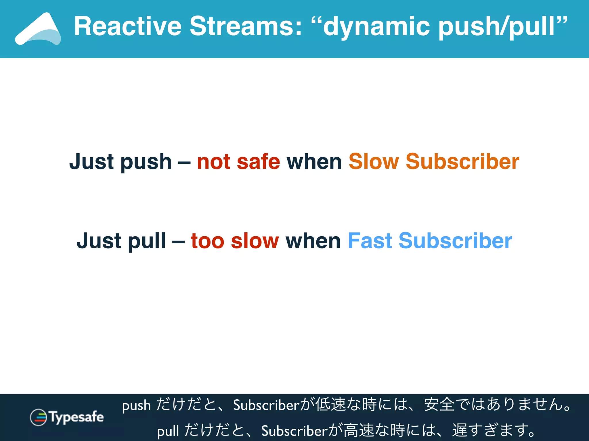 Just push – not safe when Slow Subscriber
Just pull – too slow when Fast Subscriber
Reactive Streams: “dynamic push/pull”
push だけだと、Subscriberが低速な時には、安全ではありません。
pull だけだと、Subscriberが高速な時には、遅すぎます。
 