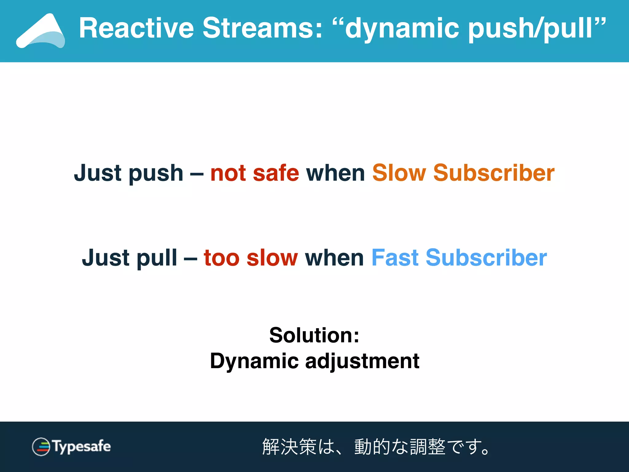 Solution:
Dynamic adjustment
Just push – not safe when Slow Subscriber
Just pull – too slow when Fast Subscriber
Reactive Streams: “dynamic push/pull”
解決策は、動的な調整です。
 