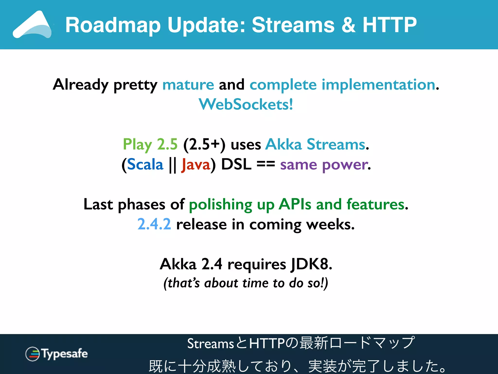 Roadmap Update: Streams & HTTP
Already pretty mature and complete implementation.
WebSockets!
Play 2.5 (2.5+) uses Akka Streams.
(Scala || Java) DSL == same power.
Last phases of polishing up APIs and features.
2.4.2 release in coming weeks.
Akka 2.4 requires JDK8.
(that’s about time to do so!)
StreamsとHTTPの最新ロードマップ
既に十分成熟しており、実装が完了しました。
 