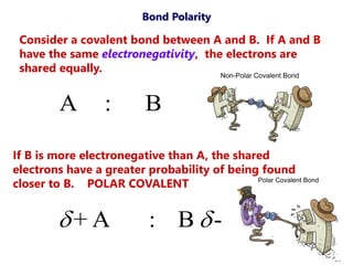 Bond Polarity
A : B
Consider a covalent bond between A and B. If A and B
have the same electronegativity, the electrons are
shared equally.
If B is more electronegative than A, the shared
electrons have a greater probability of being found
closer to B. POLAR COVALENT
+ A : B -
 
 