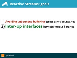Reactive Streams: goals
1) Avoiding unbounded buffering across async boundaries
2)Inter-op interfaces between various libraries
 
