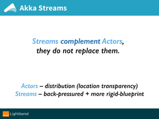 Akka Streams
Streams complement Actors,
they do not replace them.
Actors – distribution (location transparency)
Streams – back-pressured + more rigid-blueprint
 