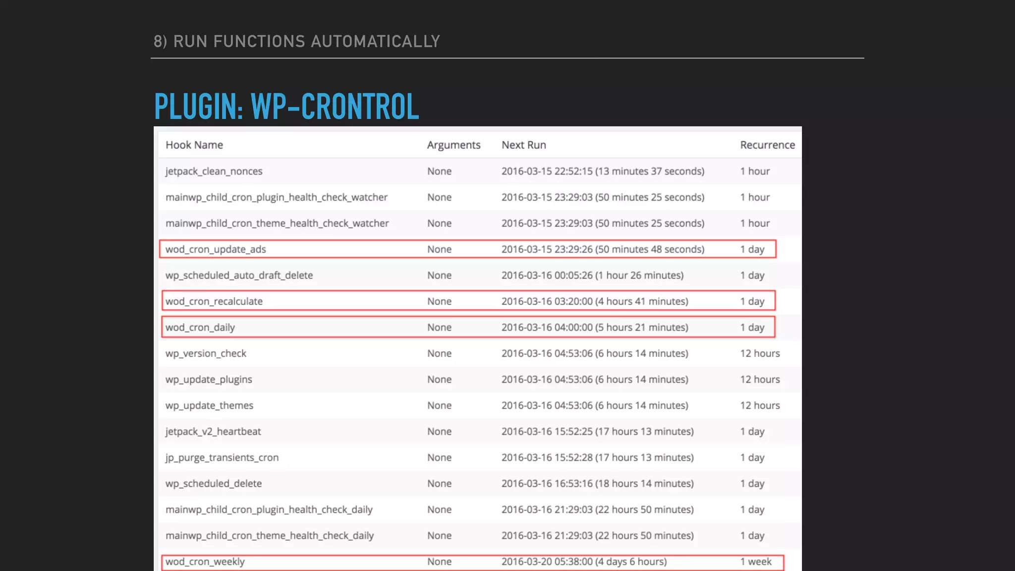 8) RUN FUNCTIONS AUTOMATICALLY
PLUGIN: WP-CRONTROL
 