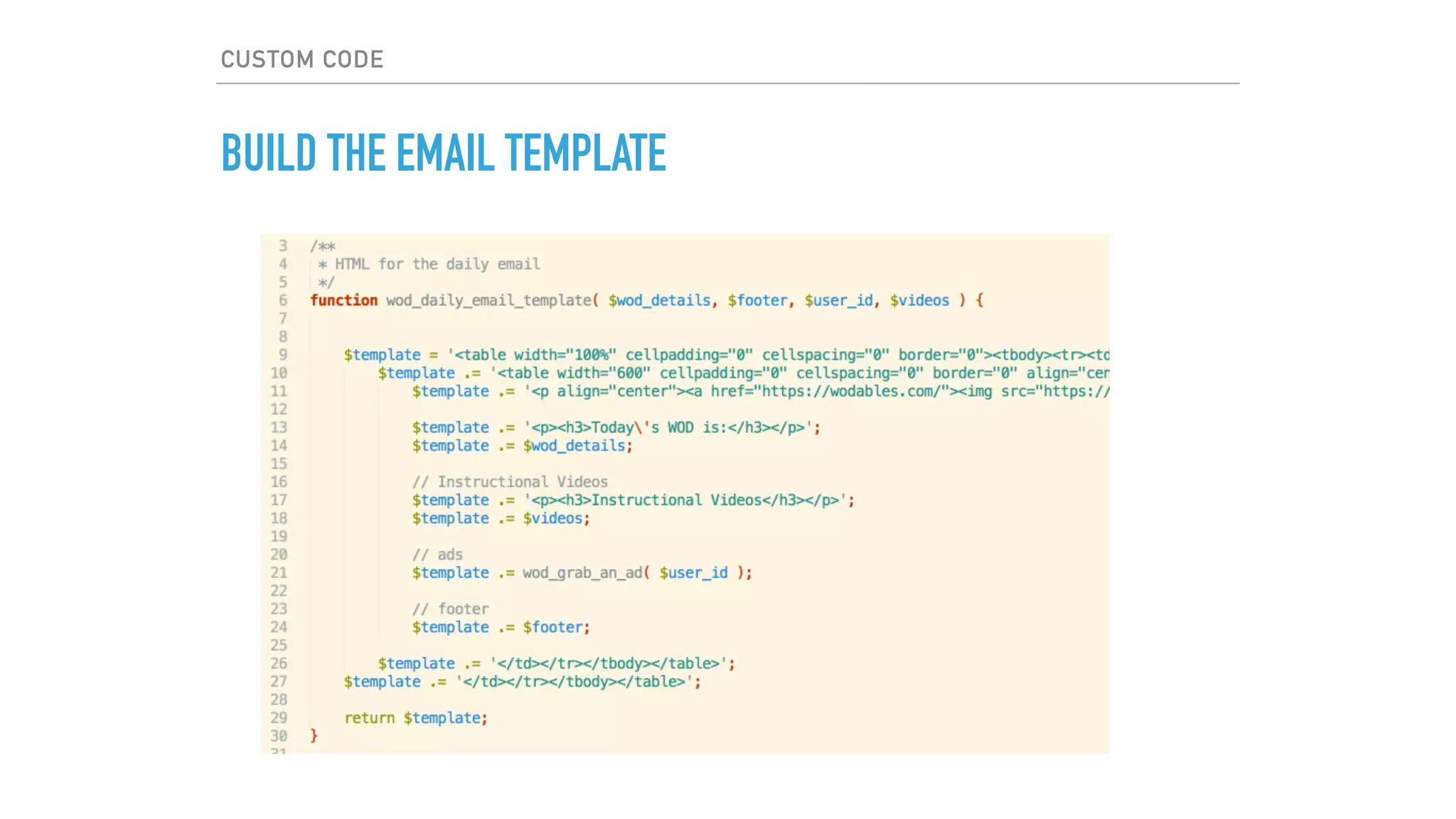 CUSTOM CODE
BUILD THE EMAIL TEMPLATE
 