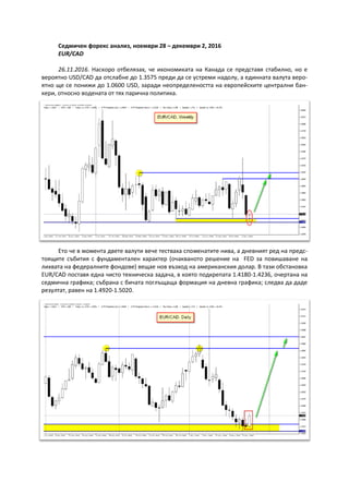 Седмичен форекс анализ, ноември 28 – декември 2, 2016
EUR/CAD
26.11.2016. Наскоро отбелязах, че икономиката на Канада се представя стабилно, но е
вероятно USD/CAD да отслабне до 1.3575 преди да се устреми надолу, а единната валута веро-
ятно ще се понижи до 1.0600 USD, заради неопределеността на европейските централни бан-
кери, относно водената от тях парична политика.
Ето че в момента двете валути вече тестваха споменатите нива, а дневният ред на предс-
тоящите събития с фундаментален характер (очакваното решение на FED за повишаване на
лихвата на федералните фондове) вещае нов възход на американския долар. В тази обстановка
EUR/CAD поставя една чисто техническа задача, в която подкрепата 1.4180-1.4236, очертана на
седмична графика; събрана с бичата поглъщаща формация на дневна графика; следва да даде
резултат, равен на 1.4920-1.5020.
 