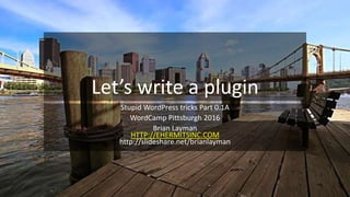 Let’s write a plugin
Stupid WordPress tricks Part 0.1A
WordCamp Pittsburgh 2016
Brian Layman
HTTP://EHERMITSINC.COM
http://slideshare.net/brianlayman
 
