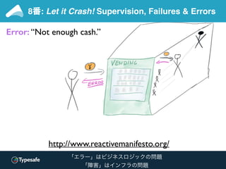 http://www.reactivemanifesto.org/
8番: Let it Crash! Supervision, Failures & Errors
Error: “Unable to fulﬁl request”
Failur...