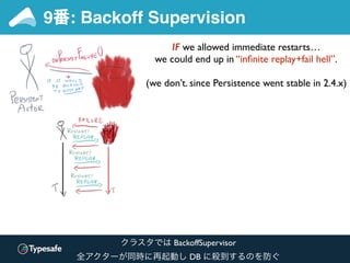 9番: Backoff Supervision
クラスタでは BackoffSupervisor
全アクターが同時に再起動し DB に殺到するのを防ぐ
 