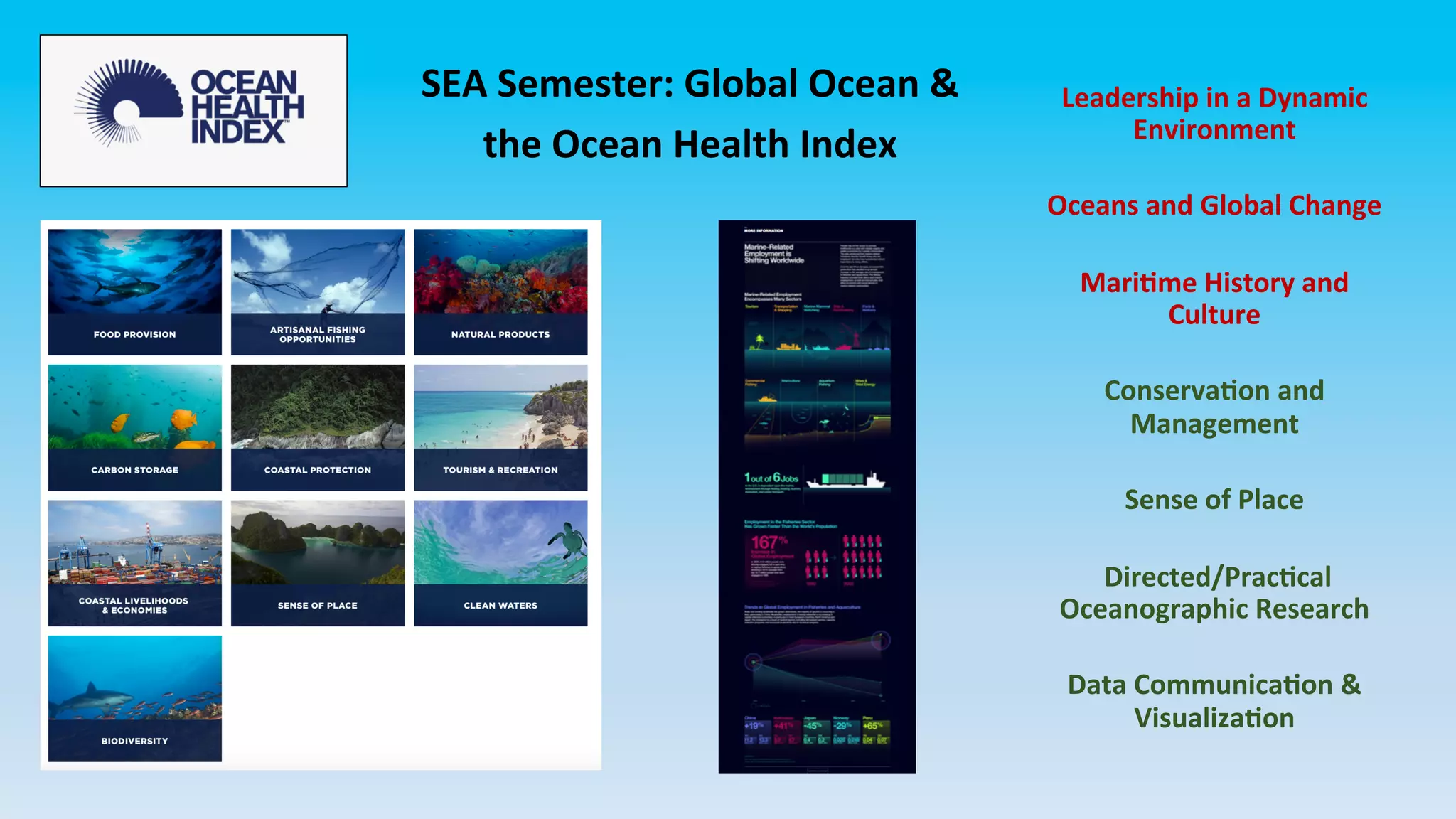 SEA	Semester:	Global	Ocean	&	
the	Ocean	Health	Index	
Leadership	in	a	Dynamic	
Environment	
	
Oceans	and	Global	Change	
	
MariCme	History	and	
Culture	
	
ConservaCon	and	
Management	
	
Sense	of	Place	
	
	Directed/PracCcal	
Oceanographic	Research	
	
Data	CommunicaCon	&	
VisualizaCon	
 