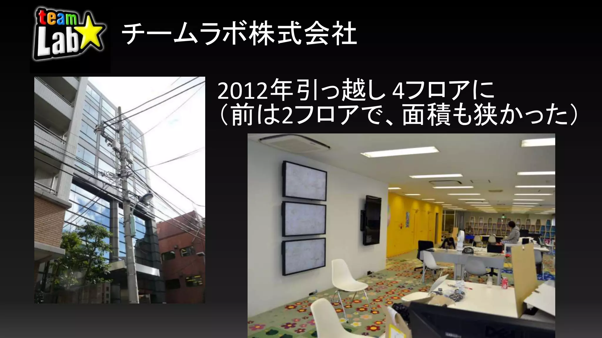 チームラボ株式会社
2012年引っ越し 4フロアに
（前は2フロアで、面積も狭かった）
 