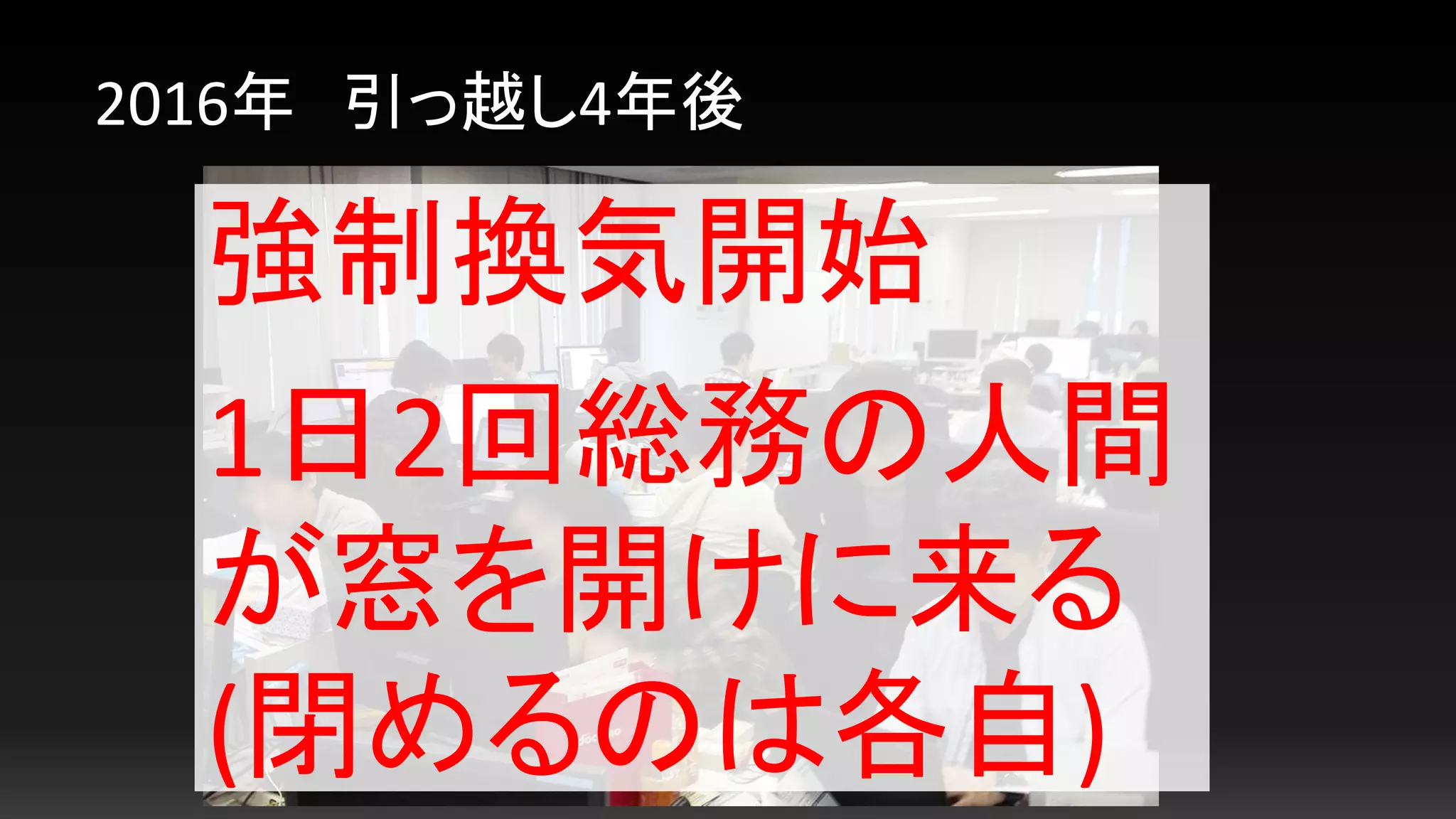 2016年 引っ越し4年後
強制換気開始
1日2回総務の人間
が窓を開けに来る
(閉めるのは各自)
 