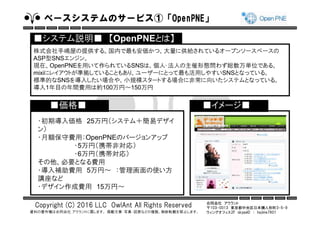 合同会社 アウラント
〒103-0013 東京都中央区日本橋人形町3-5-9
ウィングオフィス2F skypeID ： hajime7801
Copyright (C) 2016 LLC OwlAnt All Rights Reserved
資料の著作権は合同会社 アウラントに属します。 掲載文章・写真・図表などの複製、無断転載を禁止します。
ベースシステムのサービス①「OpenPNE」
・初期導入価格 25万円（システム＋簡易デザイ
ン）
・月額保守費用：OpenPNEのバージョンアップ
・5万円（携帯非対応）
・6万円（携帯対応）
その他、必要となる費用
・導入補助費用 5万円～ ：管理画面の使い方
講座など
・デザイン作成費用 15万円～
株式会社手嶋屋の提供する。国内で最も安価かつ、大量に供給されているオープンソースベースの
ASP型SNSエンジン。
現在、OpenPNEを用いて作られているSNSは、個人･法人の主催形態問わず総数万単位である。
mixiにレイアウトが準拠していることもあり、ユーザーにとって最も活用しやすいSNSとなっている。
標準的なSNSを導入したい場合や、小規模スタートする場合に非常に向いたシステムとなっている。
導入1年目の年間費用は約100万円～150万円
■システム説明■ 【OpenPNEとは】
■価格■ ■イメージ■
 