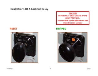 CAUTION
NEVER HOLD THESE  RELAYS IN THE 
RESET POSITION…                              
this can burn up the operate coil and 
make the relay useless!
RESET TRIPPED
Illustrations Of A Lockout Relay
1/13/1448PJM©2014
 