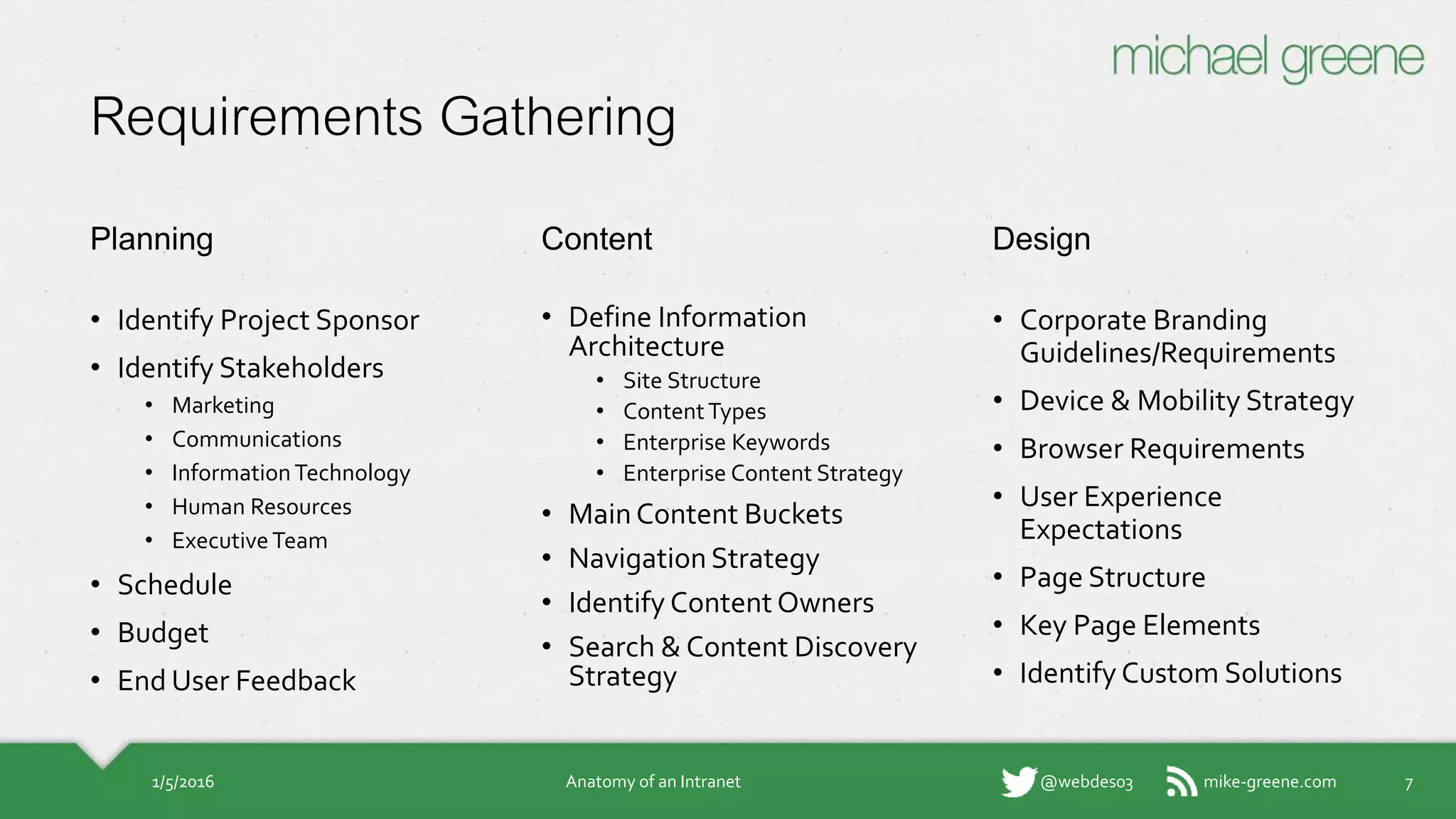 mike-greene.com@webdes03
Requirements Gathering
Planning
• Identify Project Sponsor
• Identify Stakeholders
• Marketing
• Communications
• Information Technology
• Human Resources
• Executive Team
• Schedule
• Budget
• End User Feedback
71/5/2016 Anatomy of an Intranet
Content
• Define Information
Architecture
• Site Structure
• Content Types
• Enterprise Keywords
• Enterprise Content Strategy
• Main Content Buckets
• Navigation Strategy
• Identify Content Owners
• Search & Content
Discovery Strategy
Design
• Corporate Branding
Guidelines/Requirements
• Device & Mobility Strategy
• Browser Requirements
• User Experience
Expectations
• Page Structure
• Key Page Elements
• Identify Custom Solutions
 