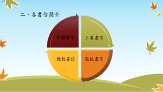 二、各書信簡介
主要書信
監獄書信教牧書信
早期書信
 