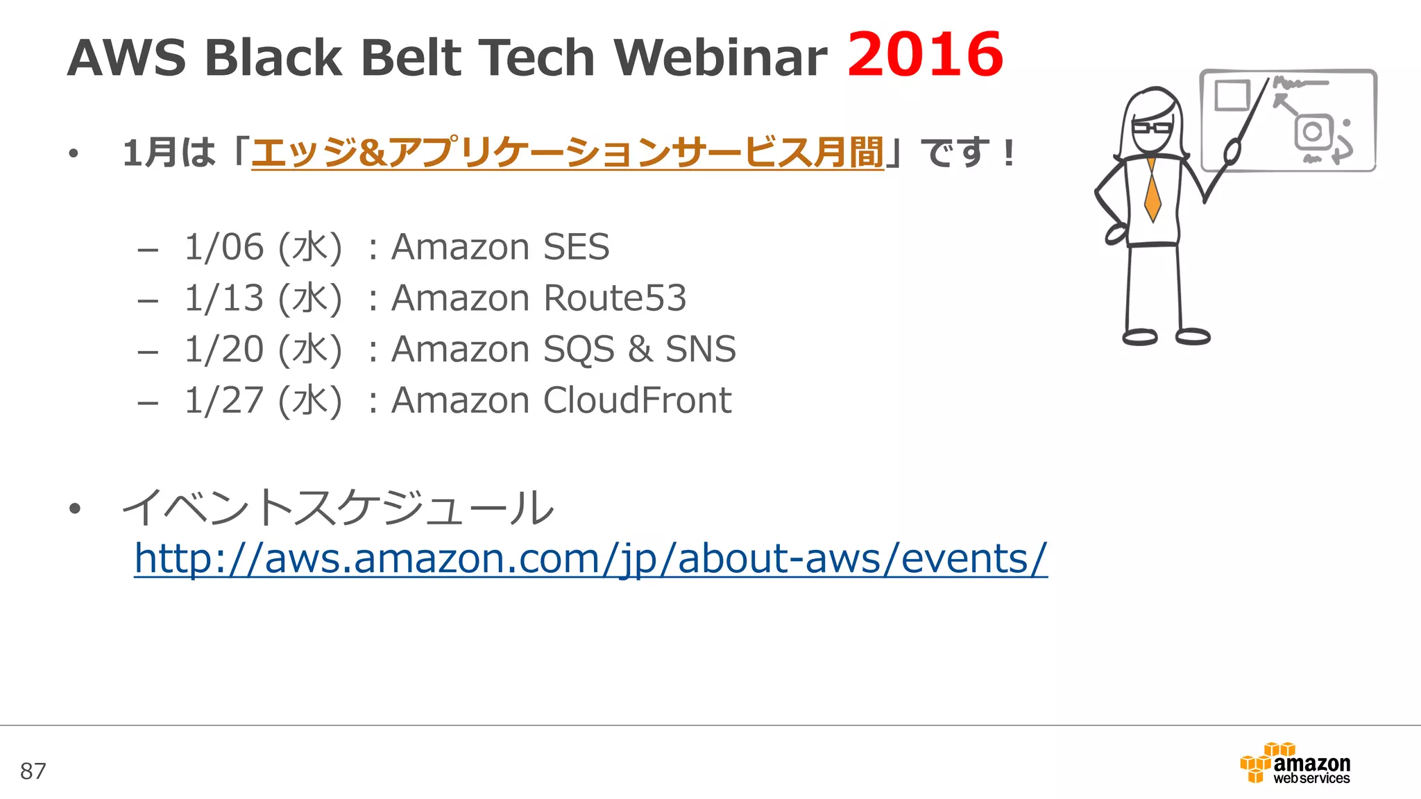 87
Webinar資料の配置場所
• AWS クラウドサービス活用資料集
– http://aws.amazon.com/jp/aws-jp-introduction/
 
