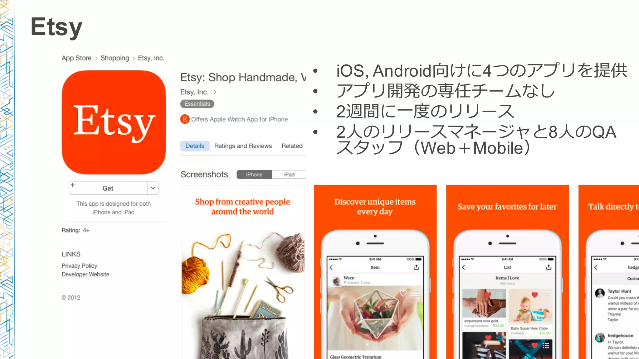 Etsy
• iOS, Android向けに4つのアプリを提供
• アプリ開発の専任チームなし
• 2週間に⼀一度度のリリース
• 2⼈人のリリースマネージャと8⼈人のQA
スタッフ（Web＋Mobile）
 