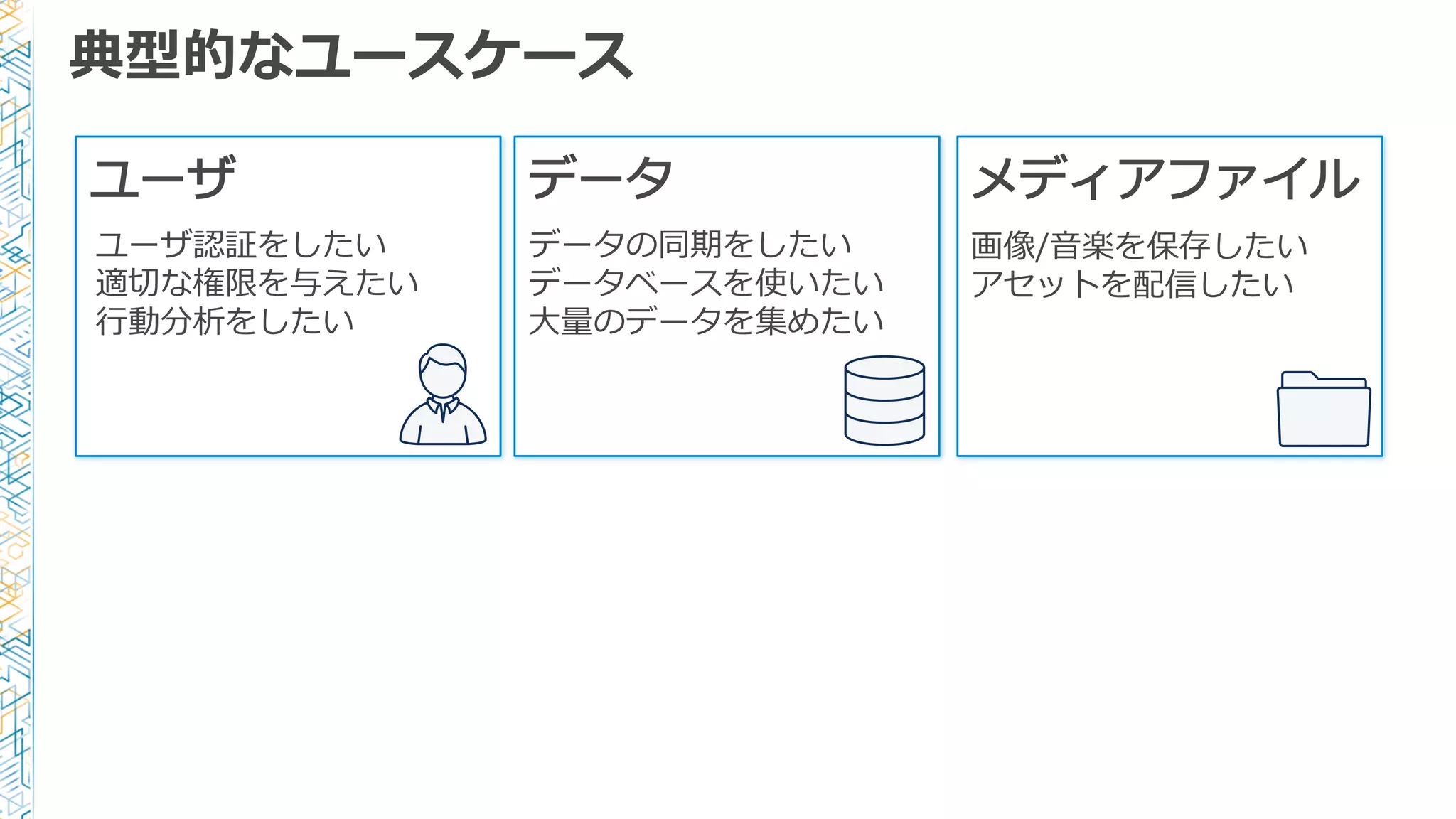 典型的なユースケース
ユーザ
ユーザ認証をしたい
適切切な権限を与えたい
⾏行行動分析をしたい
データ メディアファイル
画像/⾳音楽を保存したい
アセットを配信したい
データの同期をしたい
データベースを使いたい
⼤大量量のデータを集めたい
 