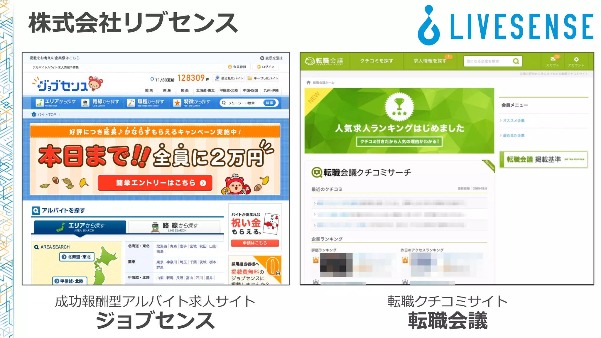 株式会社リブセンス
成功報酬型アルバイト求⼈人サイト
ジョブセンス
転職クチコミサイト
転職会議
 