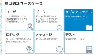 典型的なユースケース
ユーザ
ユーザ認証をしたい
適切切な権限を与えたい
⾏行行動分析をしたい
データ メディアファイル
画像/⾳音楽を保存したい
アセットを配信したい
ロジック
サーバサイドで処理理したい
独⾃自APIを⽤用意したい
メッセージ
プッシュ通知を送りたい
テスト
実機でテストしたい
<TEST/>
データの同期をしたい
データベースを使いたい
⼤大量量のデータを集めたい
 
