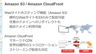 Amazon S3 / Amazon CloudFront
Webサイトホスティング機能（Amazon S3）
静的なWebサイトをS3のみで配信可能
任意のドメインへのリダイレクトも
独⾃自ドメイン利利⽤用可能
Amazon CloudFront
マネージドCDN
世界53箇所のエッジロケーション
ストリーミング配信も対応
クライアント
レスポンス向上 負荷軽減
Amazon
CloudFront
キャッシュ
配信 オフロード
Webサーバ
 