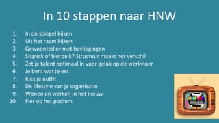 In 10 stappen naar HNW
1. In de spiegel kijken
2. Uit het raam kijken
3. Gewoontedier met bevliegingen
4. Sixpack of bierbuik? Structuur maakt het verschil
5. Zet je talent optimaal in voor geluk op de werkvloer
6. Je bent wat je eet
7. Kies je outfit
8. De lifestyle van je organisatie
9. Wonen en werken in het nieuw
10. Fier op het podium
 