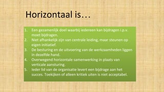 1. Een gezamenlijk doel waarbij iedereen kan bijdragen i.p.v.
moet bijdragen.
2. Niet afhankelijk zijn van centrale leiding, maar steunen op
eigen initiatief.
3. De besturing en de uitvoering van de werkzaamheden liggen
in dezelfde hand.
4. Overwegend horizontale samenwerking in plaats van
verticale aansturing.
5. Ieder lid van de organisatie levert een bijdrage aan het
succes. Toekijken of alleen kritiek uiten is niet acceptabel.
Horizontaal is…
 