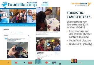 35
TOURISTIK-
CAMP #TCYF15
Livereportage vom
Touristikcamp 2015
in Wien #TCYF15
•  Livereportage auf
der Website (Twitter
Echtzeit-Postings)
•  Social Wall (Seejay)
•  Nachbericht (Storify)
 