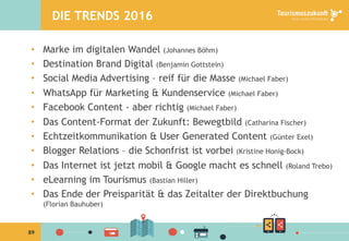 89
•  Marke im digitalen Wandel (Johannes Böhm)
•  Destination Brand Digital (Benjamin Gottstein)
•  Social Media Advertising – reif für die Masse (Michael Faber)
•  WhatsApp für Marketing & Kundenservice (Michael Faber)
•  Facebook Content - aber richtig (Michael Faber)
•  Das Content-Format der Zukunft: Bewegtbild (Catharina Fischer)
•  Echtzeitkommunikation & User Generated Content (Günter Exel)
•  Blogger Relations – die Schonfrist ist vorbei (Kristine Honig-Bock)
•  Das Internet ist jetzt mobil & Google macht es schnell (Roland Trebo)
•  eLearning im Tourismus (Bastian Hiller)
•  Das Ende der Preisparität & das Zeitalter der Direktbuchung
(Florian Bauhuber)
DIE TRENDS 2016
 