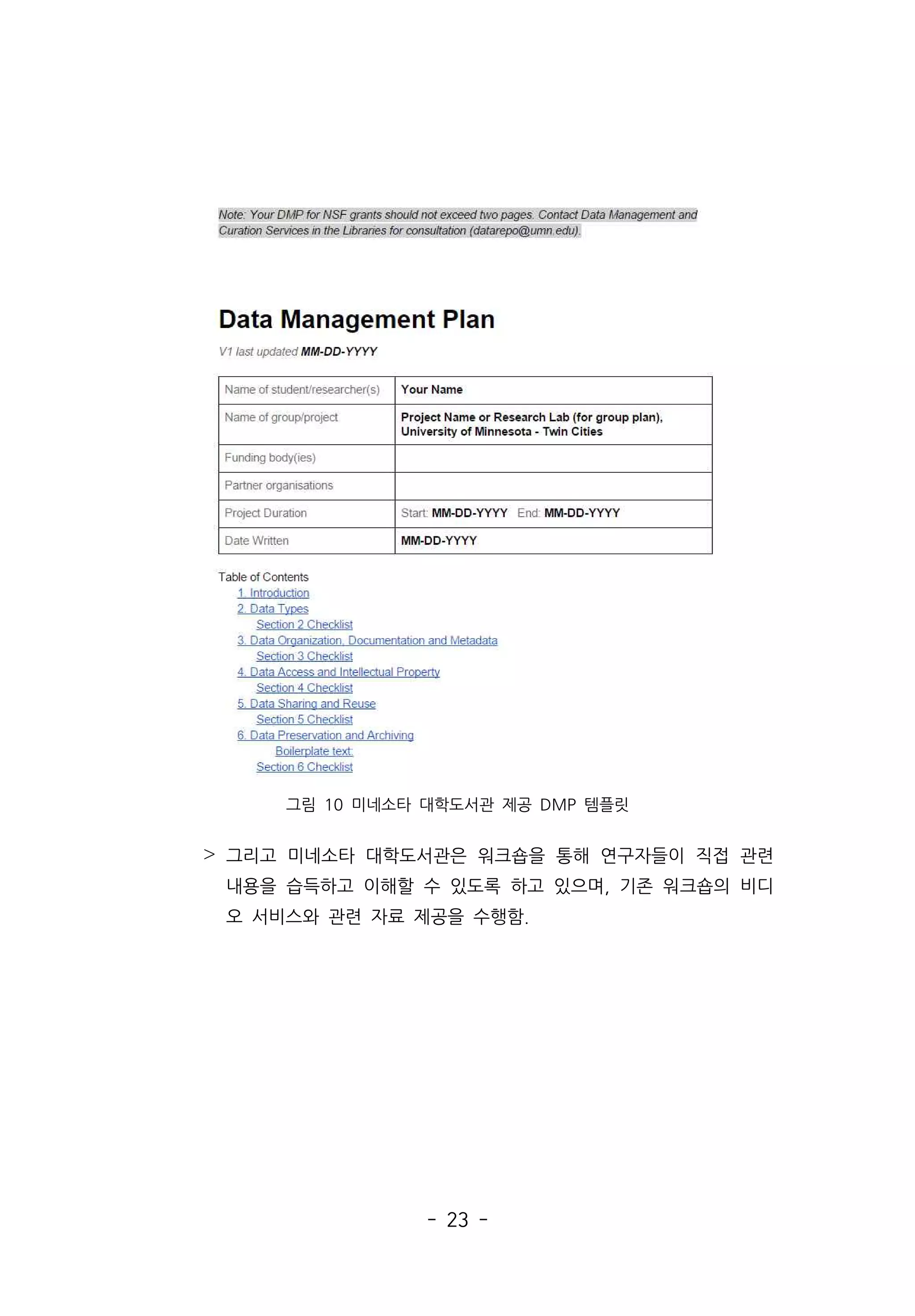 - 23 -
그림 10 미네소타 대학도서관 제공 DMP 템플릿
˃ 그리고 미네소타 대학도서관은 워크숍을 통해 연구자들이 직접 관련
내용을 습득하고 이해할 수 있도록 하고 있으며, 기존 워크숍의 비디
오 서비스와 관련 자료 제공을 수행함.
 