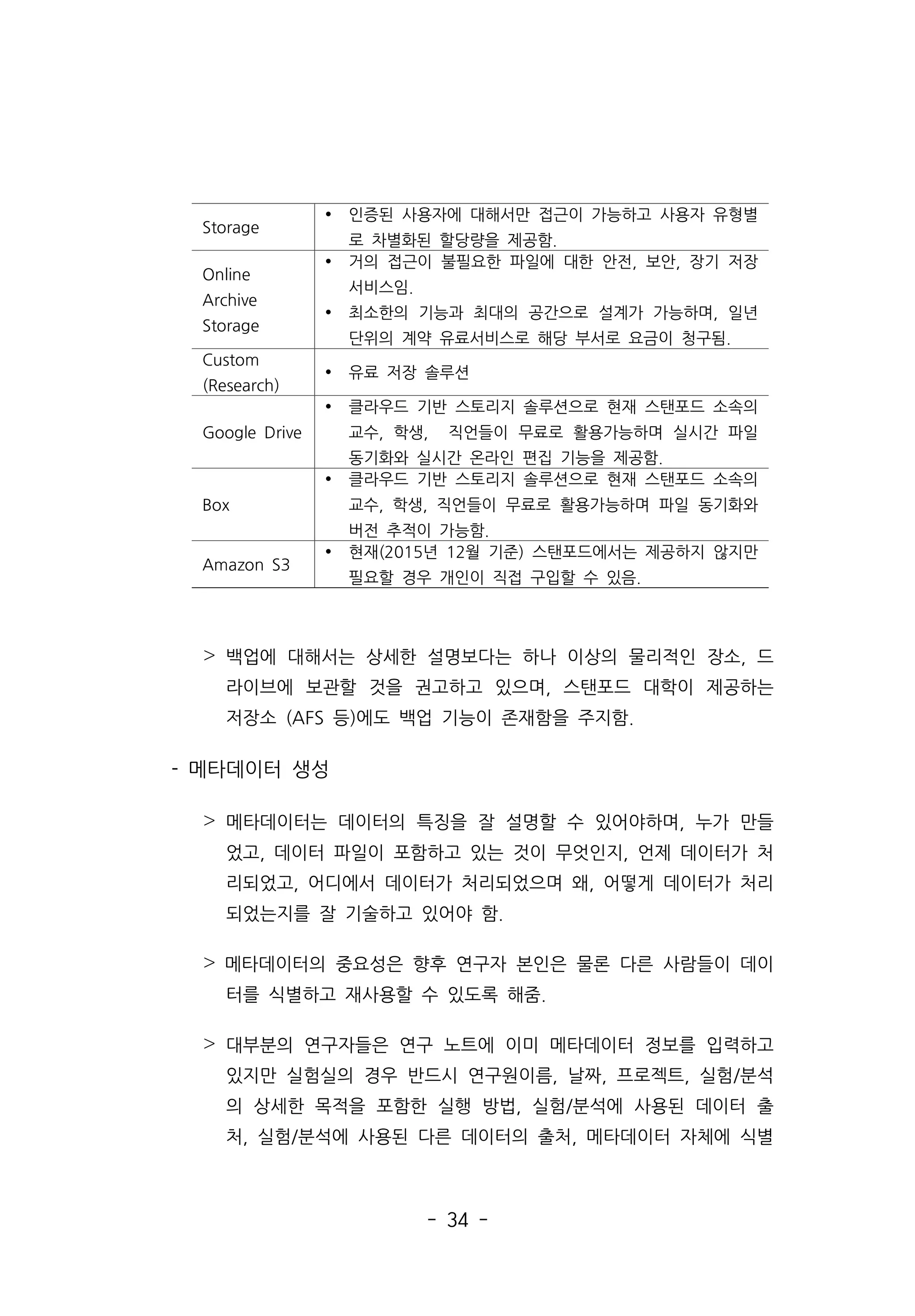 - 34 -
˃ 백업에 대해서는 상세한 설명보다는 하나 이상의 물리적인 장소, 드
라이브에 보관할 것을 권고하고 있으며, 스탠포드 대학이 제공하는
저장소 (AFS 등)에도 백업 기능이 존재함을 주지함.
- 메타데이터 생성
˃ 메타데이터는 데이터의 특징을 잘 설명할 수 있어야하며, 누가 만들
었고, 데이터 파일이 포함하고 있는 것이 무엇인지, 언제 데이터가 처
리되었고, 어디에서 데이터가 처리되었으며 왜, 어떻게 데이터가 처리
되었는지를 잘 기술하고 있어야 함.
˃ 메타데이터의 중요성은 향후 연구자 본인은 물론 다른 사람들이 데이
터를 식별하고 재사용할 수 있도록 해줌.
˃ 대부분의 연구자들은 연구 노트에 이미 메타데이터 정보를 입력하고
있지만 실험실의 경우 반드시 연구원이름, 날짜, 프로젝트, 실험/분석
의 상세한 목적을 포함한 실행 방법, 실험/분석에 사용된 데이터 출
처, 실험/분석에 사용된 다른 데이터의 출처, 메타데이터 자체에 식별
Storage
Ÿ 인증된 사용자에 대해서만 접근이 가능하고 사용자 유형별
로 차별화된 할당량을 제공함.
Online
Archive
Storage
Ÿ 거의 접근이 불필요한 파일에 대한 안전, 보안, 장기 저장
서비스임.
Ÿ 최소한의 기능과 최대의 공간으로 설계가 가능하며, 일년
단위의 계약 유료서비스로 해당 부서로 요금이 청구됨.
Custom
(Research)
Ÿ 유료 저장 솔루션
Google Drive
Ÿ 클라우드 기반 스토리지 솔루션으로 현재 스탠포드 소속의
교수, 학생, 직언들이 무료로 활용가능하며 실시간 파일
동기화와 실시간 온라인 편집 기능을 제공함.
Box
Ÿ 클라우드 기반 스토리지 솔루션으로 현재 스탠포드 소속의
교수, 학생, 직언들이 무료로 활용가능하며 파일 동기화와
버전 추적이 가능함.
Amazon S3
Ÿ 현재(2015년 12월 기준) 스탠포드에서는 제공하지 않지만
필요할 경우 개인이 직접 구입할 수 있음.
 