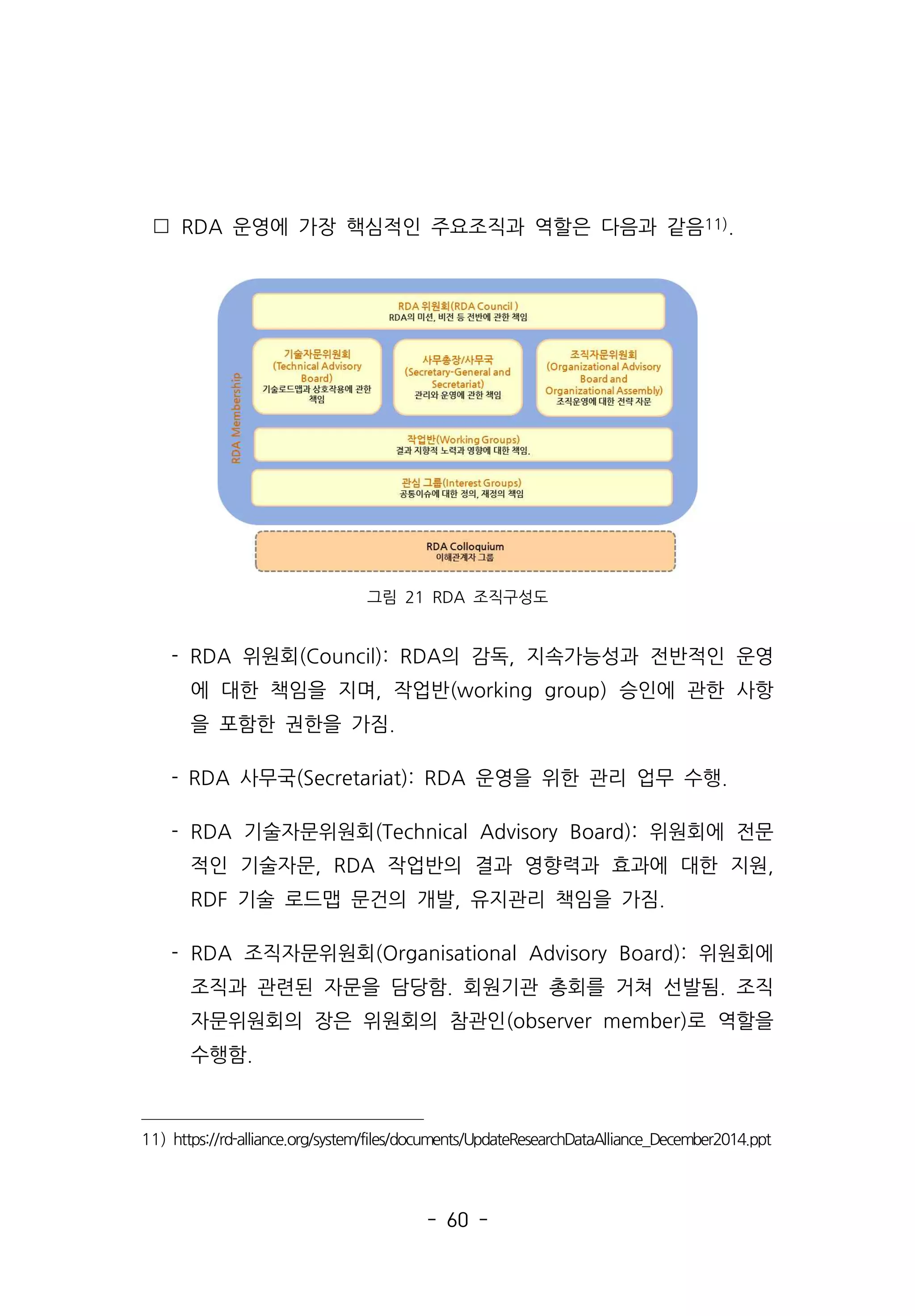 - 60 -
 RDA 운영에 가장 핵심적인 주요조직과 역할은 다음과 같음11).
그림 21 RDA 조직구성도
- RDA 위원회(Council): RDA의 감독, 지속가능성과 전반적인 운영
에 대한 책임을 지며, 작업반(working group) 승인에 관한 사항
을 포함한 권한을 가짐.
- RDA 사무국(Secretariat): RDA 운영을 위한 관리 업무 수행.
- RDA 기술자문위원회(Technical Advisory Board): 위원회에 전문
적인 기술자문, RDA 작업반의 결과 영향력과 효과에 대한 지원,
RDF 기술 로드맵 문건의 개발, 유지관리 책임을 가짐.
- RDA 조직자문위원회(Organisational Advisory Board): 위원회에
조직과 관련된 자문을 담당함. 회원기관 총회를 거쳐 선발됨. 조직
자문위원회의 장은 위원회의 참관인(observer member)로 역할을
수행함.
11) https://rd-alliance.org/system/files/documents/UpdateResearchDataAlliance_December2014.ppt
 