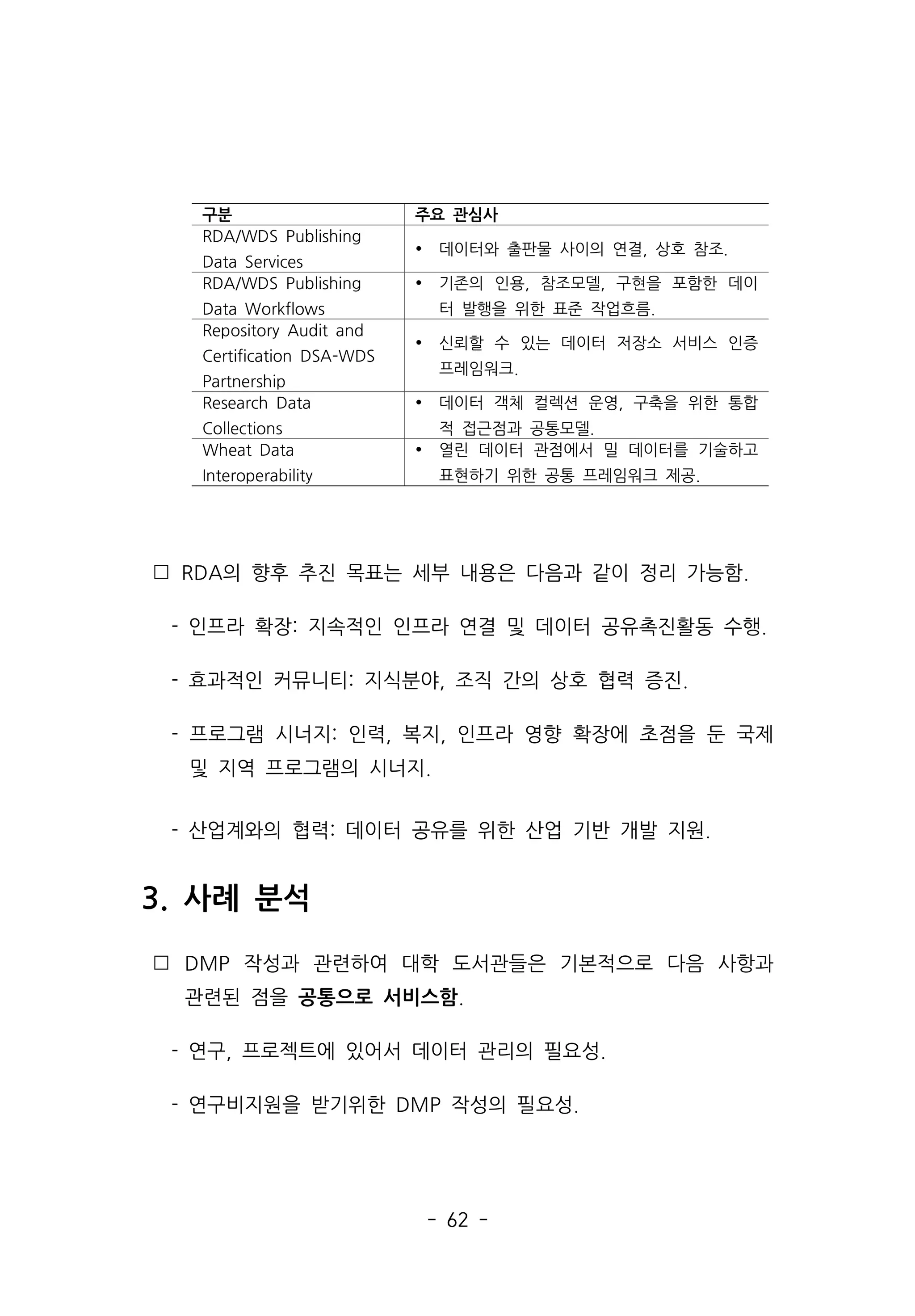 - 62 -
 RDA의 향후 추진 목표는 세부 내용은 다음과 같이 정리 가능함.
- 인프라 확장: 지속적인 인프라 연결 및 데이터 공유촉진활동 수행.
- 효과적인 커뮤니티: 지식분야, 조직 간의 상호 협력 증진.
- 프로그램 시너지: 인력, 복지, 인프라 영향 확장에 초점을 둔 국제
및 지역 프로그램의 시너지.
- 산업계와의 협력: 데이터 공유를 위한 산업 기반 개발 지원.
3. 사례 분석
 DMP 작성과 관련하여 대학 도서관들은 기본적으로 다음 사항과
관련된 점을 공통으로 서비스함.
- 연구, 프로젝트에 있어서 데이터 관리의 필요성.
- 연구비지원을 받기위한 DMP 작성의 필요성.
구분 주요 관심사
RDA/WDS Publishing
Data Services
Ÿ 데이터와 출판물 사이의 연결, 상호 참조.
RDA/WDS Publishing
Data Workflows
Ÿ 기존의 인용, 참조모델, 구현을 포함한 데이
터 발행을 위한 표준 작업흐름.
Repository Audit and
Certification DSA­WDS
Partnership
Ÿ 신뢰할 수 있는 데이터 저장소 서비스 인증
프레임워크.
Research Data
Collections
Ÿ 데이터 객체 컬렉션 운영, 구축을 위한 통합
적 접근점과 공통모델.
Wheat Data
Interoperability
Ÿ 열린 데이터 관점에서 밀 데이터를 기술하고
표현하기 위한 공통 프레임워크 제공.
 