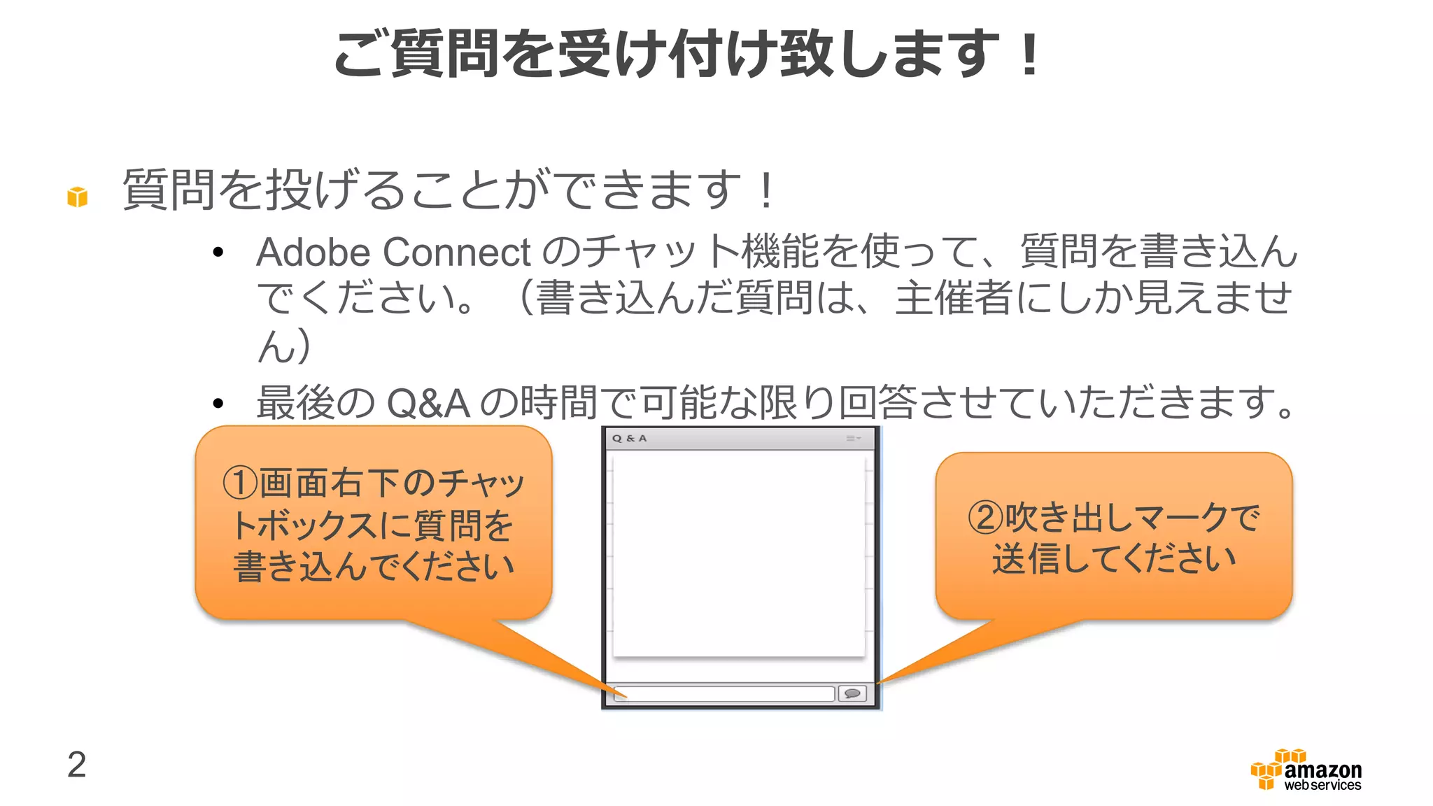 2
ご質問を受け付け致します！
質問を投げることができます！
• Adobe Connect のチャット機能を使って、質問を書き込ん
でください。（書き込んだ質問は、主催者にしか見えませ
ん）
• 最後の Q&A の時間で可能な限り回答させていただきます。
①画面右下のチャッ
トボックスに質問を
書き込んでください
②吹き出しマークで
送信してください
 