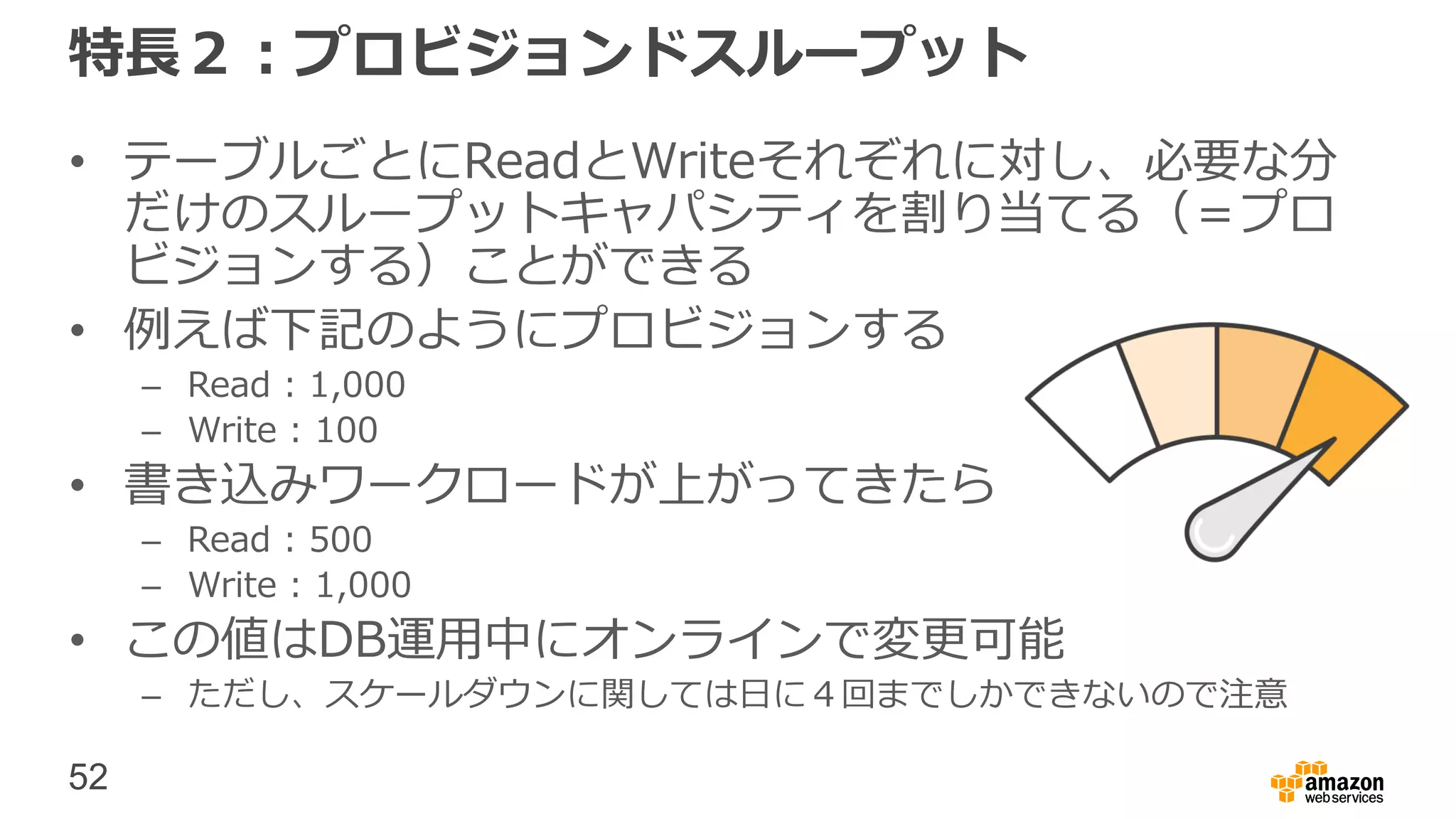 52
特長２：プロビジョンドスループット
• テーブルごとにReadとWriteそれぞれに対し、必要な分
だけのスループットキャパシティを割り当てる（＝プロ
ビジョンする）ことができる
• 例えば下記のようにプロビジョンする
– Read : 1,000
– Write : 100
• 書き込みワークロードが上がってきたら
– Read : 500
– Write : 1,000
• この値はDB運用中にオンラインで変更可能
– ただし、スケールダウンに関しては日に４回までしかできないので注意
 