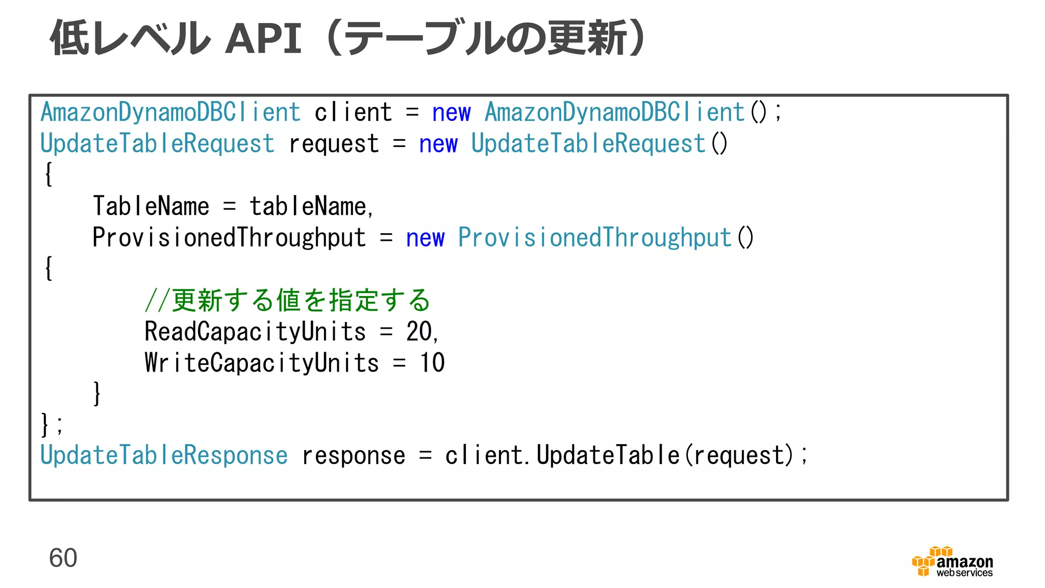 60
低レベル API（テーブルの更新）
AmazonDynamoDBClient client = new AmazonDynamoDBClient();
UpdateTableRequest request = new UpdateTableRequest()
{
TableName = tableName,
ProvisionedThroughput = new ProvisionedThroughput()
{
//更新する値を指定する
ReadCapacityUnits = 20,
WriteCapacityUnits = 10
}
};
UpdateTableResponse response = client.UpdateTable(request);
 