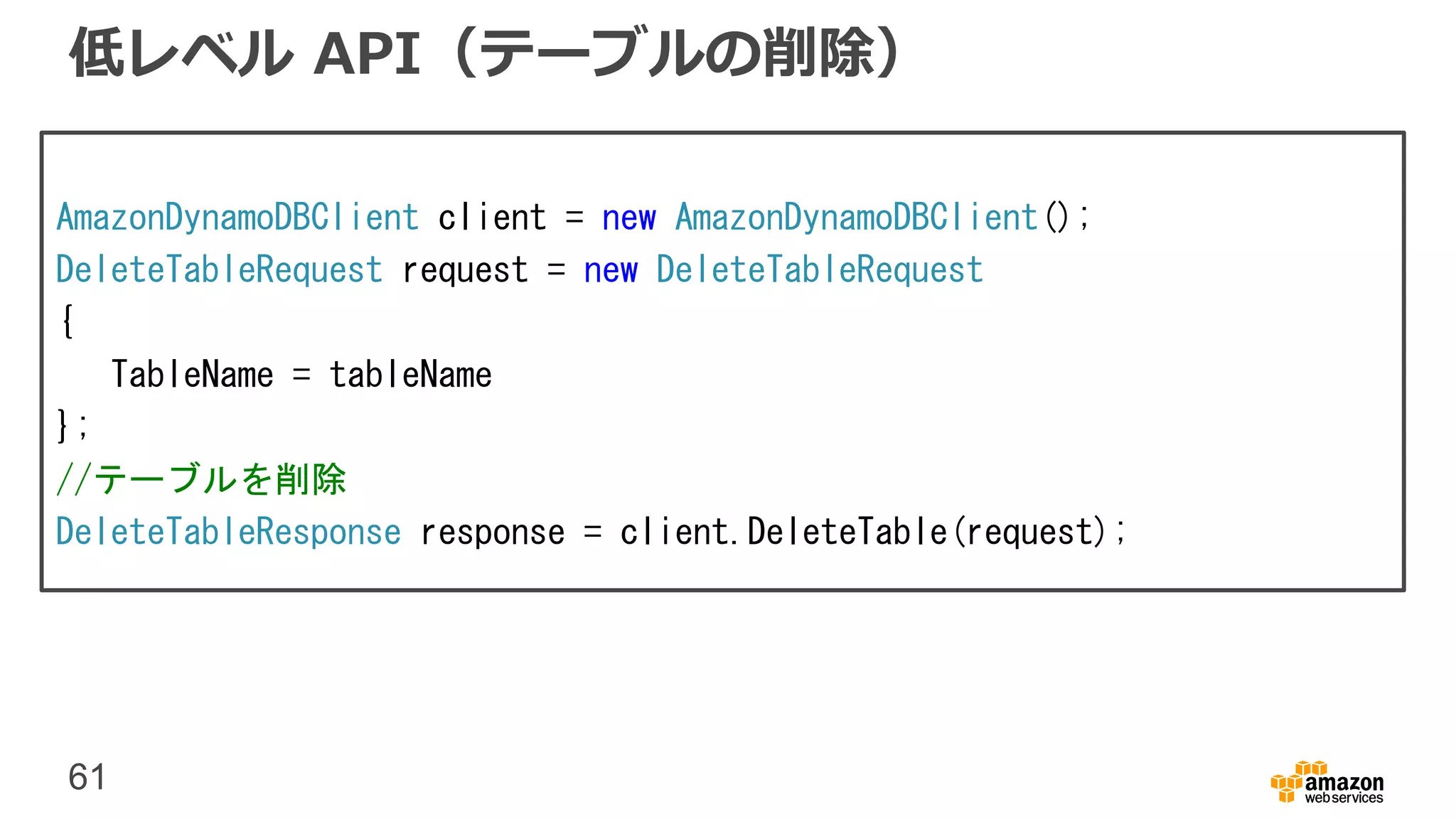 61
低レベル API（テーブルの削除）
AmazonDynamoDBClient client = new AmazonDynamoDBClient();
DeleteTableRequest request = new DeleteTableRequest
{
TableName = tableName
};
//テーブルを削除
DeleteTableResponse response = client.DeleteTable(request);
 