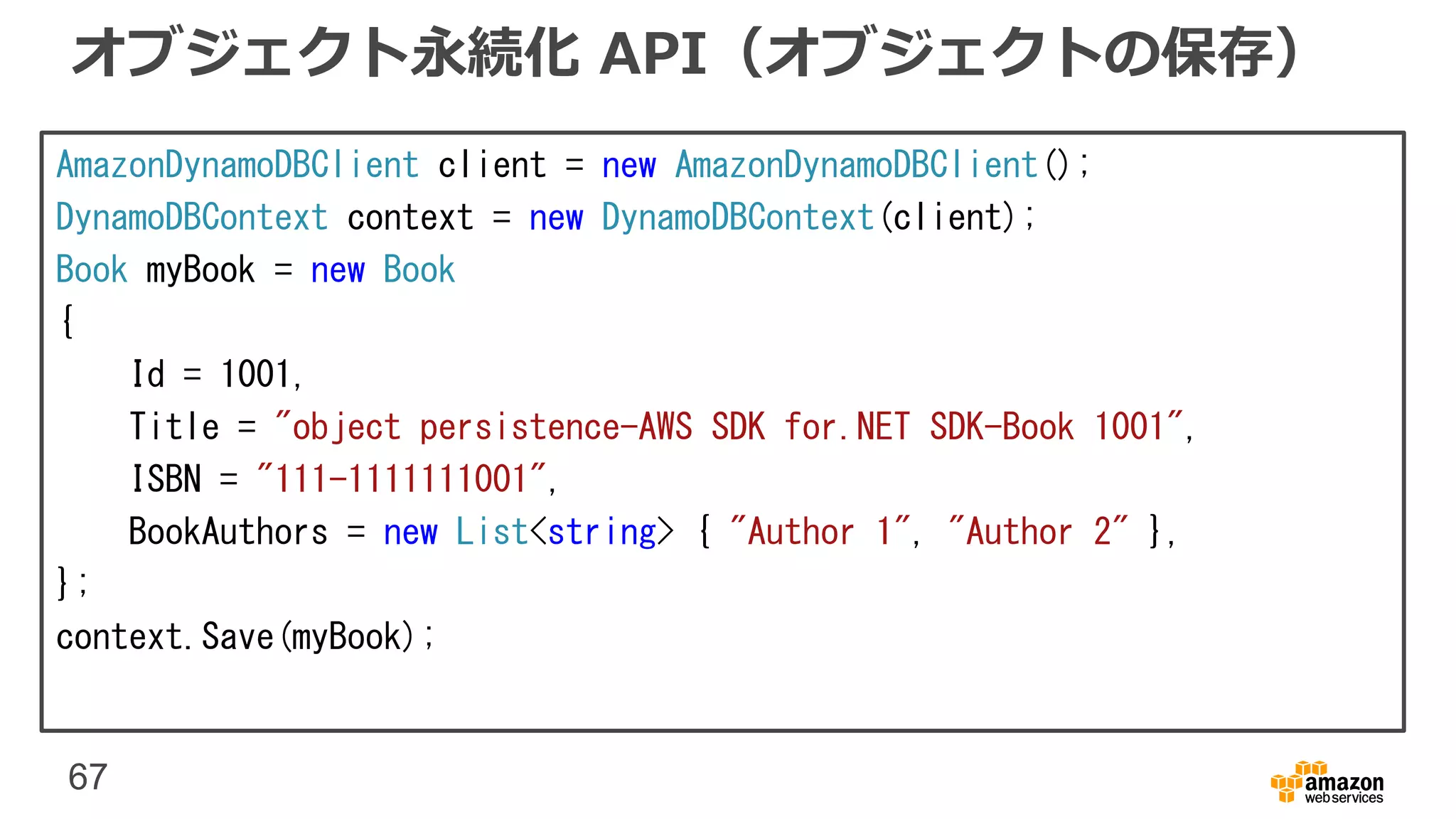 67
オブジェクト永続化 API（オブジェクトの保存）
AmazonDynamoDBClient client = new AmazonDynamoDBClient();
DynamoDBContext context = new DynamoDBContext(client);
Book myBook = new Book
{
Id = 1001,
Title = "object persistence-AWS SDK for.NET SDK-Book 1001",
ISBN = "111-1111111001",
BookAuthors = new List<string> { "Author 1", "Author 2" },
};
context.Save(myBook);
 