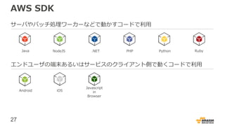 27
AWS SDK
サーバやバッチ処理ワーカーなどで動かすコードで利用
Android iOS
Java NodeJS .NET PHP Python Ruby
Javascript
in
Browser
エンドユーザの端末あるいはサービスのクライアント側で動くコードで利用
 