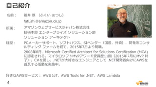 4
福井 厚 （ふくい あつし）
自己紹介
名前：
fatushi@amazon.co.jp
所属： アマゾンウェブサービスジャパン株式会社
技術本部 エンタープライズ ソリューション部
ソリューション アーキテクト
経歴： PCメーカーサポート、ソフトハウス、SIベンダー（国産、外資）、開発系コンサ
ルティング ファームを経て、2015年7月より現職。
2008年8月、Microsoft Certified Architect for Solutions Certification (MCA)
に認定される。マイクロソフトMVPアワード受賞歴11回（2015年7月にMVP 終
了）。C#を愛し、.NETが大好きなエンジニアとして .NET開発者向けにAWSを
普及する活動を実施中。
好きなAWSサービス： AWS IoT、AWS Tools for .NET、AWS Lambda
 